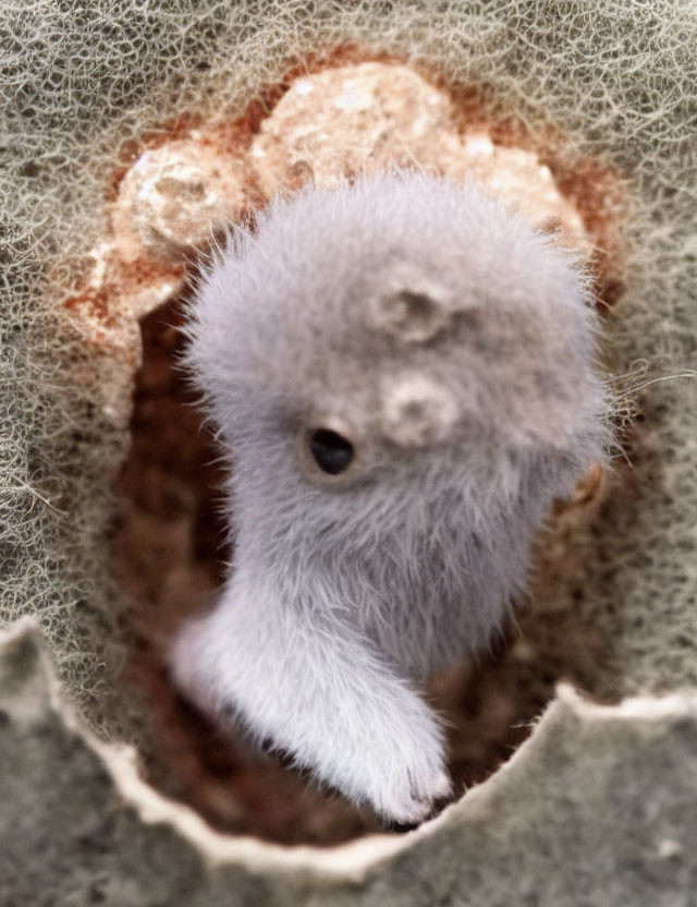 Fluffy grey bird chick peeking from speckled hole