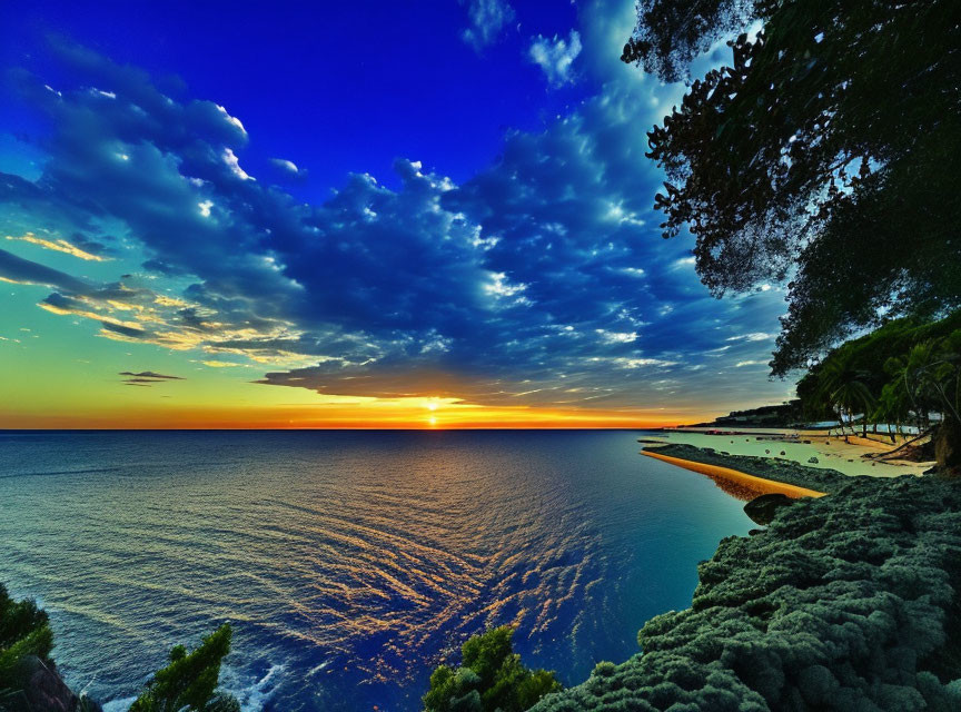 Scenic sunset over ocean with golden light, cloudy sky, and silhouetted trees.