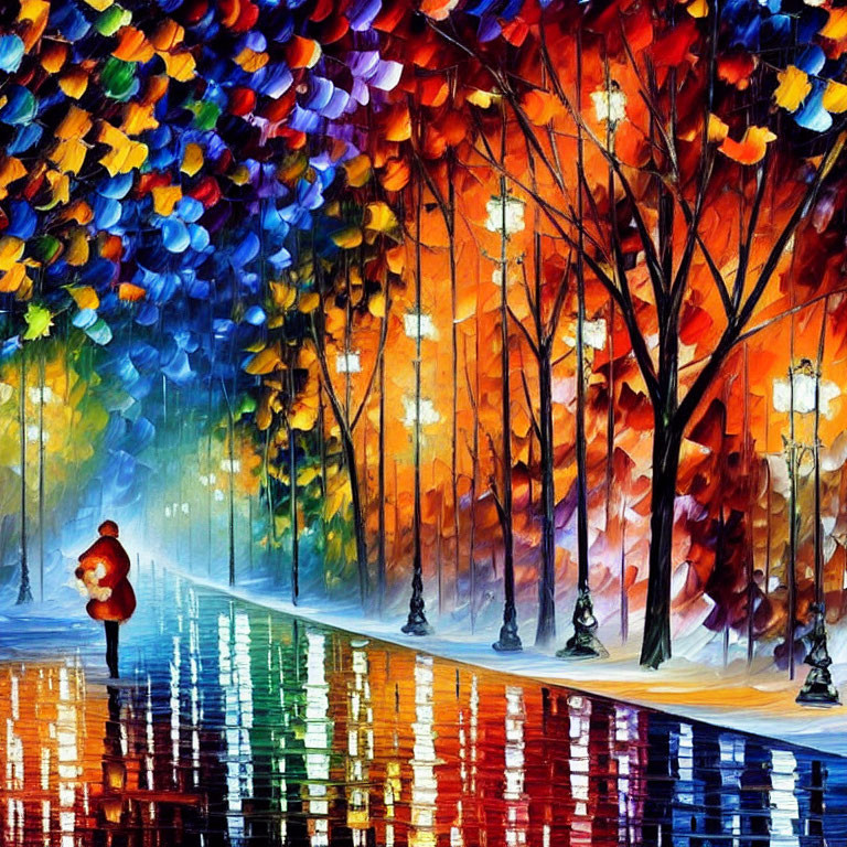 Colorful Path with Person and Umbrella Walking in Rain