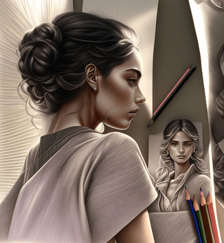 Detailed woman portrait with intricate updo hairstyle and art supplies.