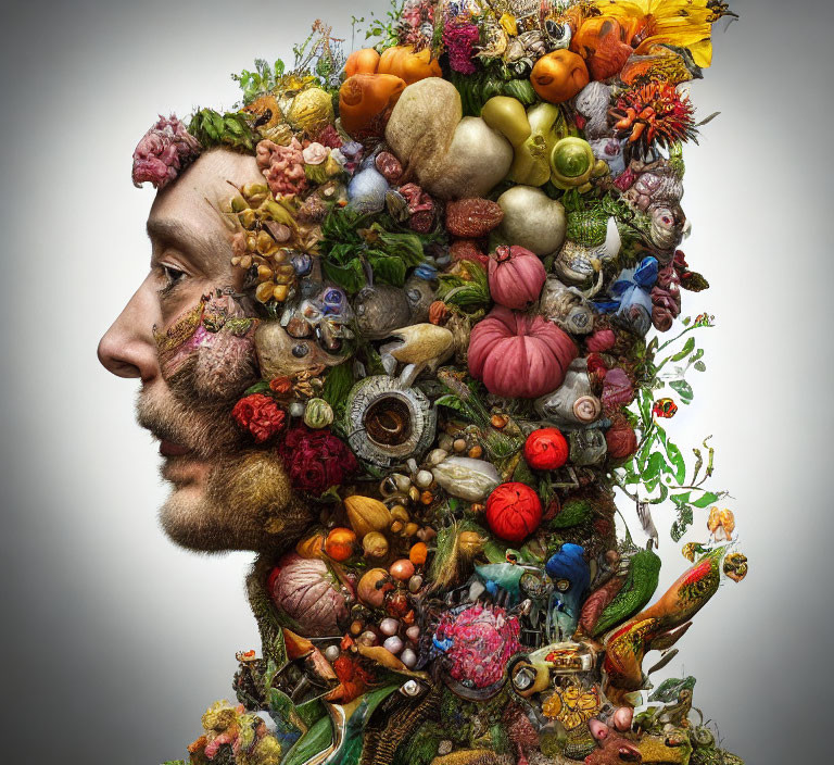 Colorful Fruits, Vegetables, Flowers, and Plants Forming Profile View