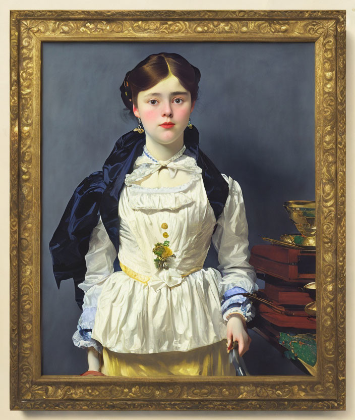 Young girl in white dress with blue shawl beside books in decorative frame