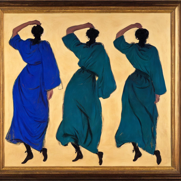 Stylized female figures in blue and green garments dancing on gold background