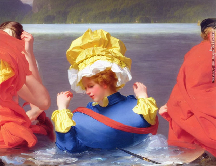 Classic Painting: Three Women by Water, Central Figure in Blue and Yellow Hat, Flanked by Two