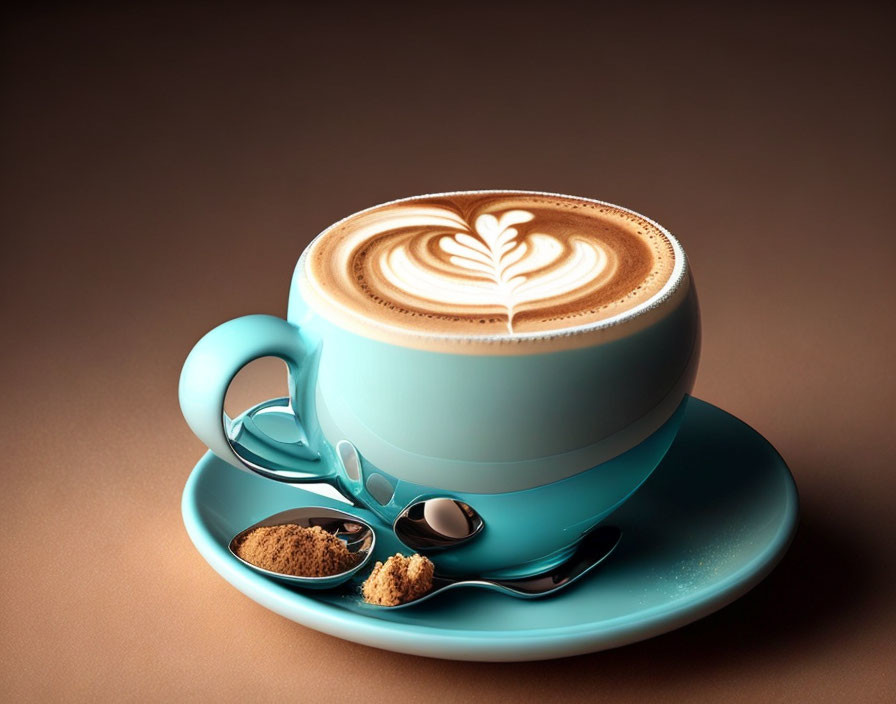 Cappuccino with Latte Art on Saucer, Spoon, Sugar - Brown Background