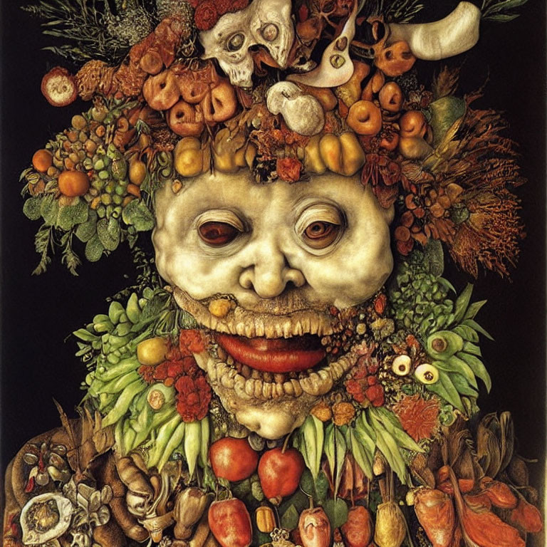 Detailed still-life painting: face composed of fruits, vegetables, flowers, and animal parts