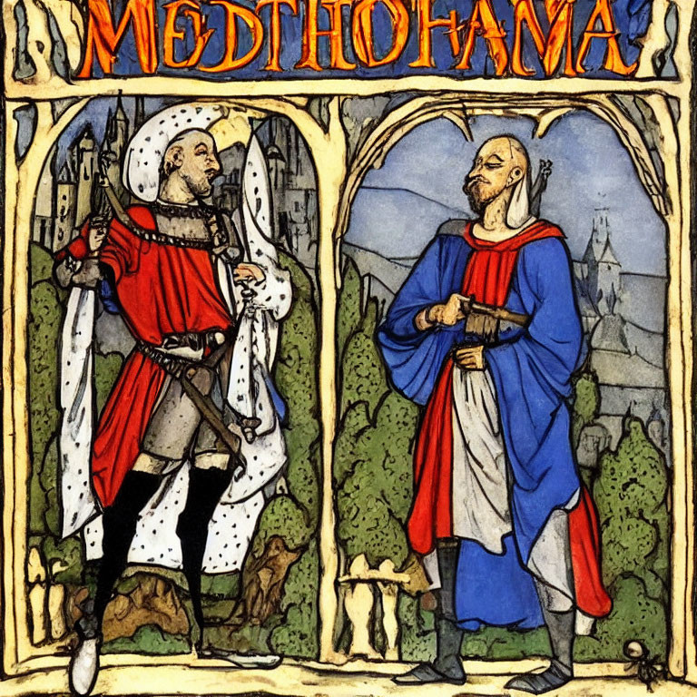 Medieval-style illustration of two men in tunics with sword and shield, gothic architecture in background