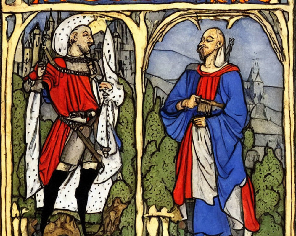 Medieval-style illustration of two men in tunics with sword and shield, gothic architecture in background