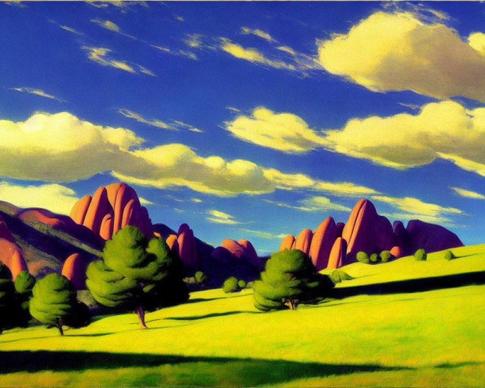 Scenic landscape painting: green hills, trees, purple mountains, blue sky.