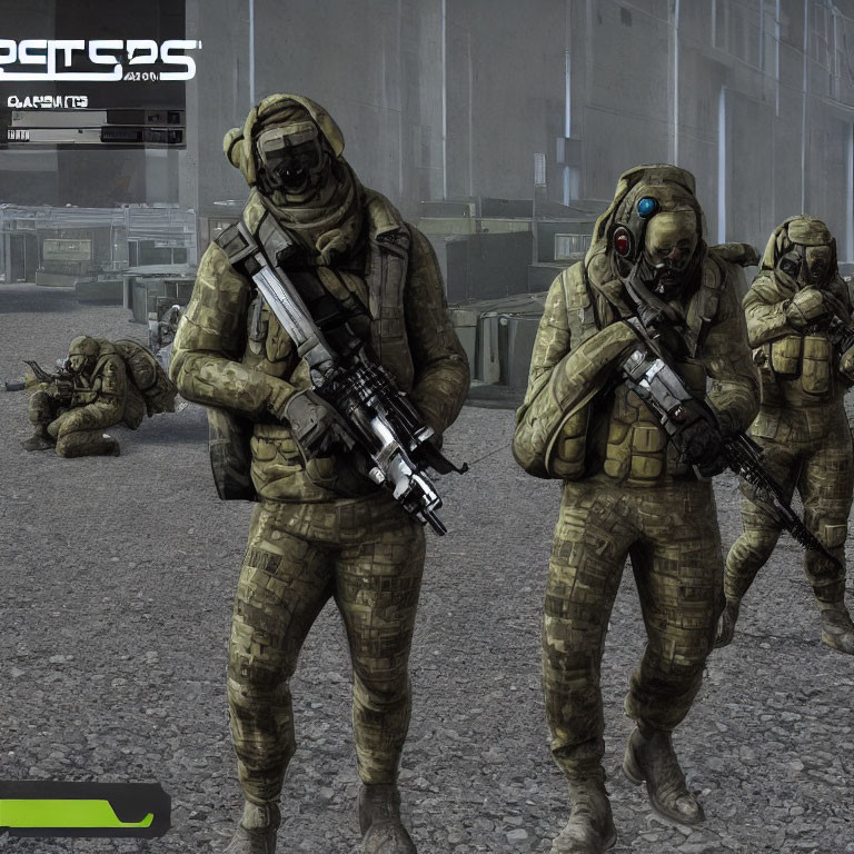 Fictional soldiers in matching combat gear and gas masks in urban setting