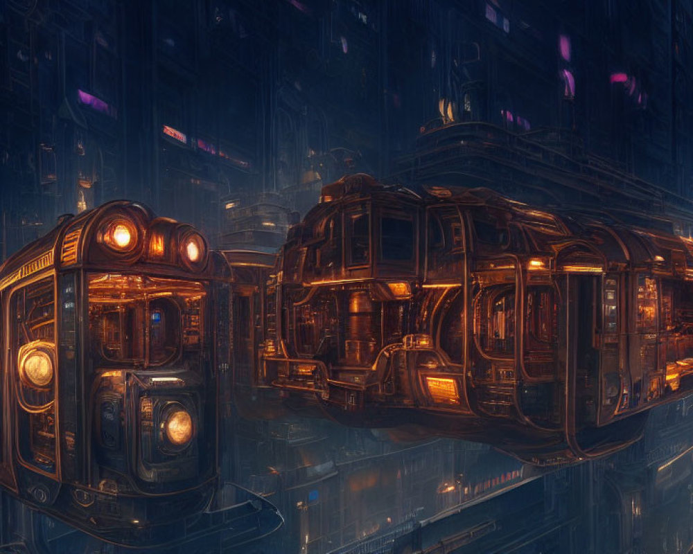 Futuristic flying vehicles in sci-fi cityscape at night