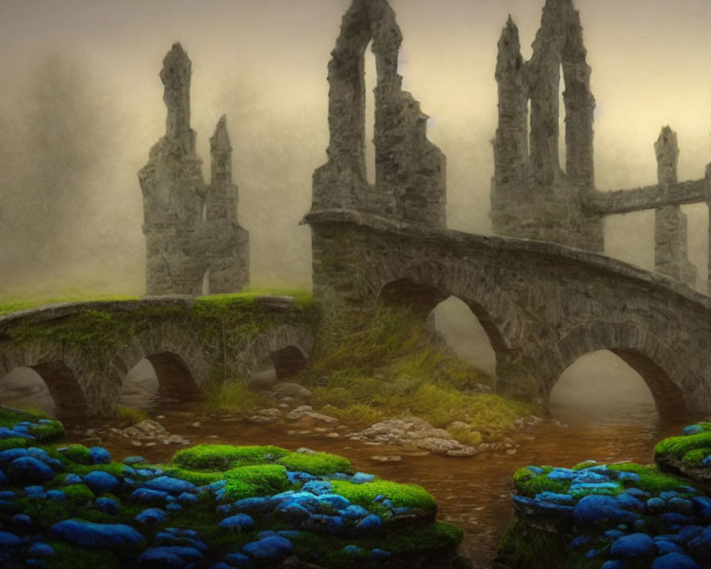 Stone bridge with Gothic archways over mossy stream in mystical foggy setting