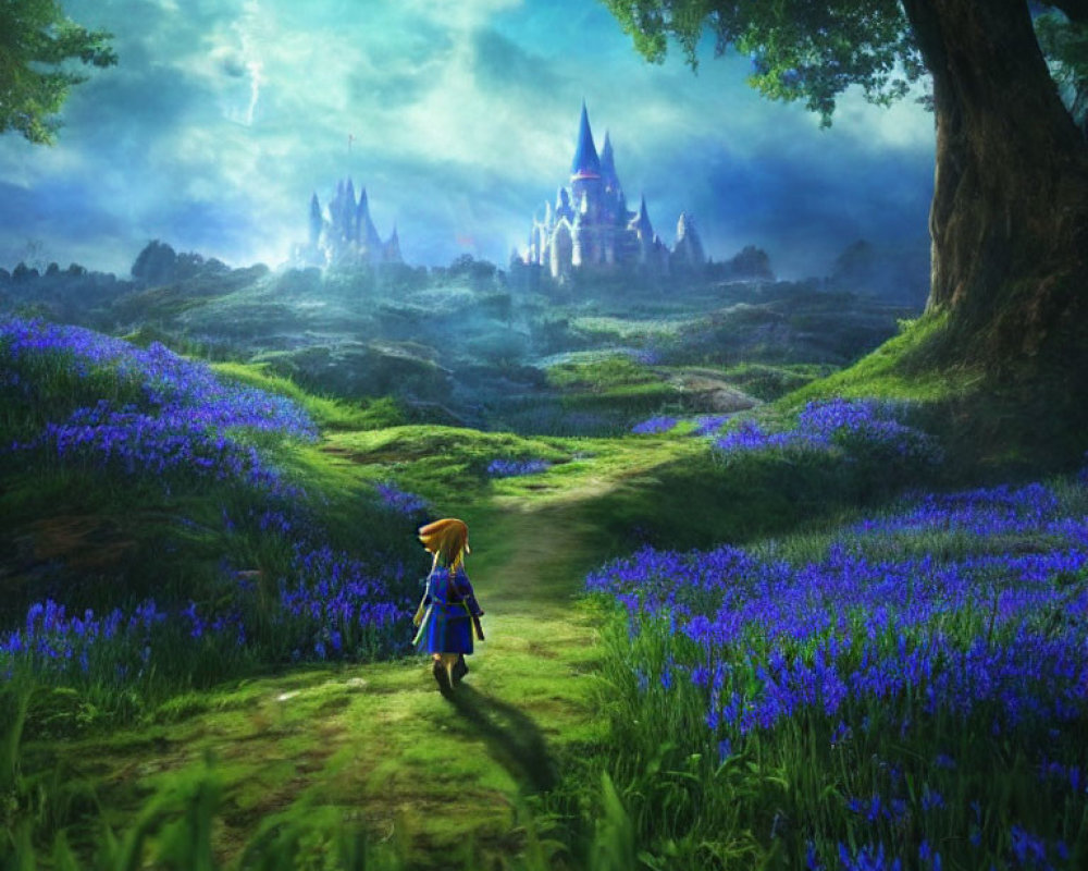 Child in Blue Outfit Amid Purple Flowers and Castle on Path