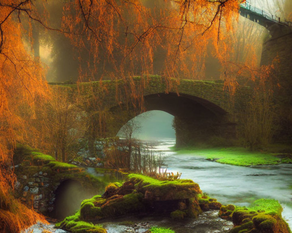 Stone bridge over misty river with weeping willows in autumn landscape