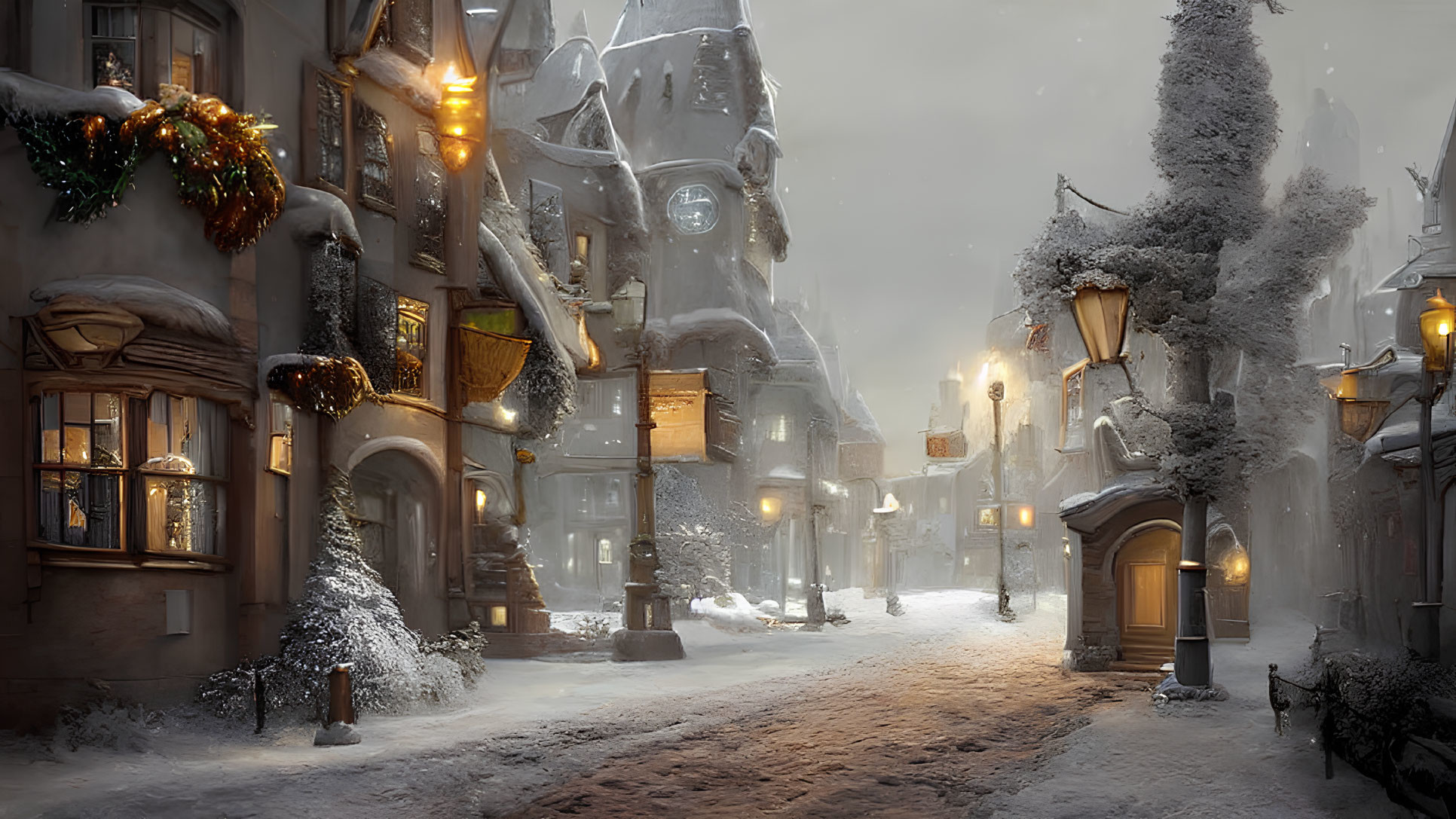 Snow-covered streets in enchanting winter night scene