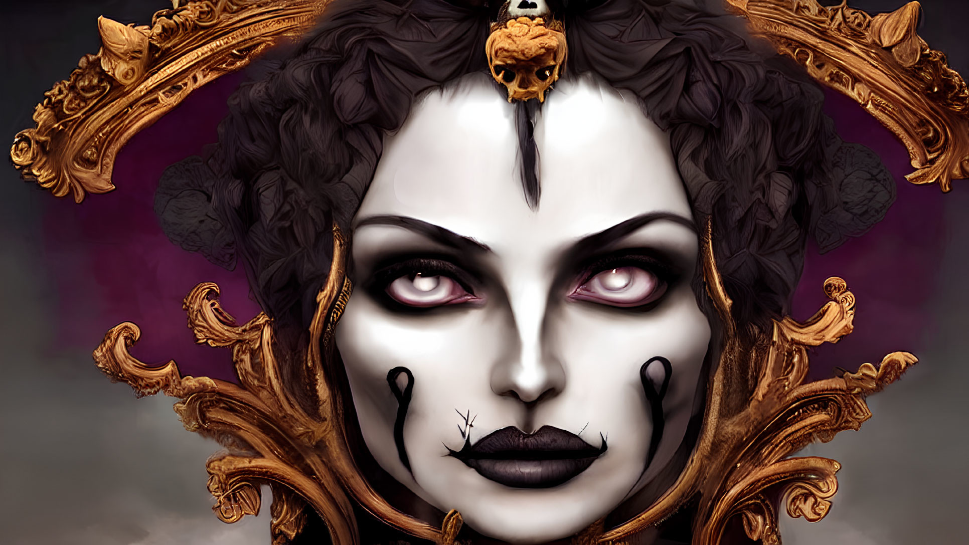 Person with Dramatic Gothic Makeup in Baroque Frame with Skull Detail