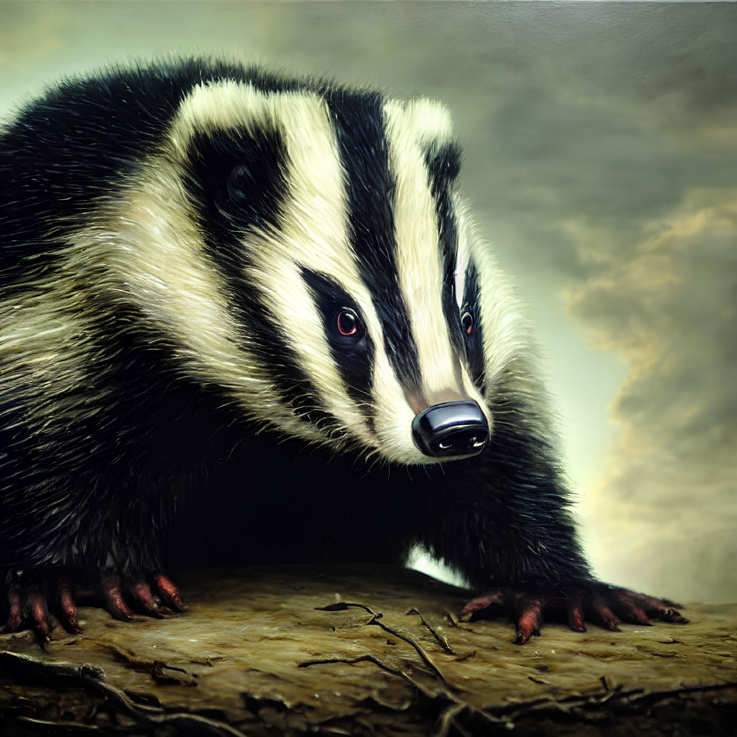 Detailed fur texture close-up of a badger on wooden surface