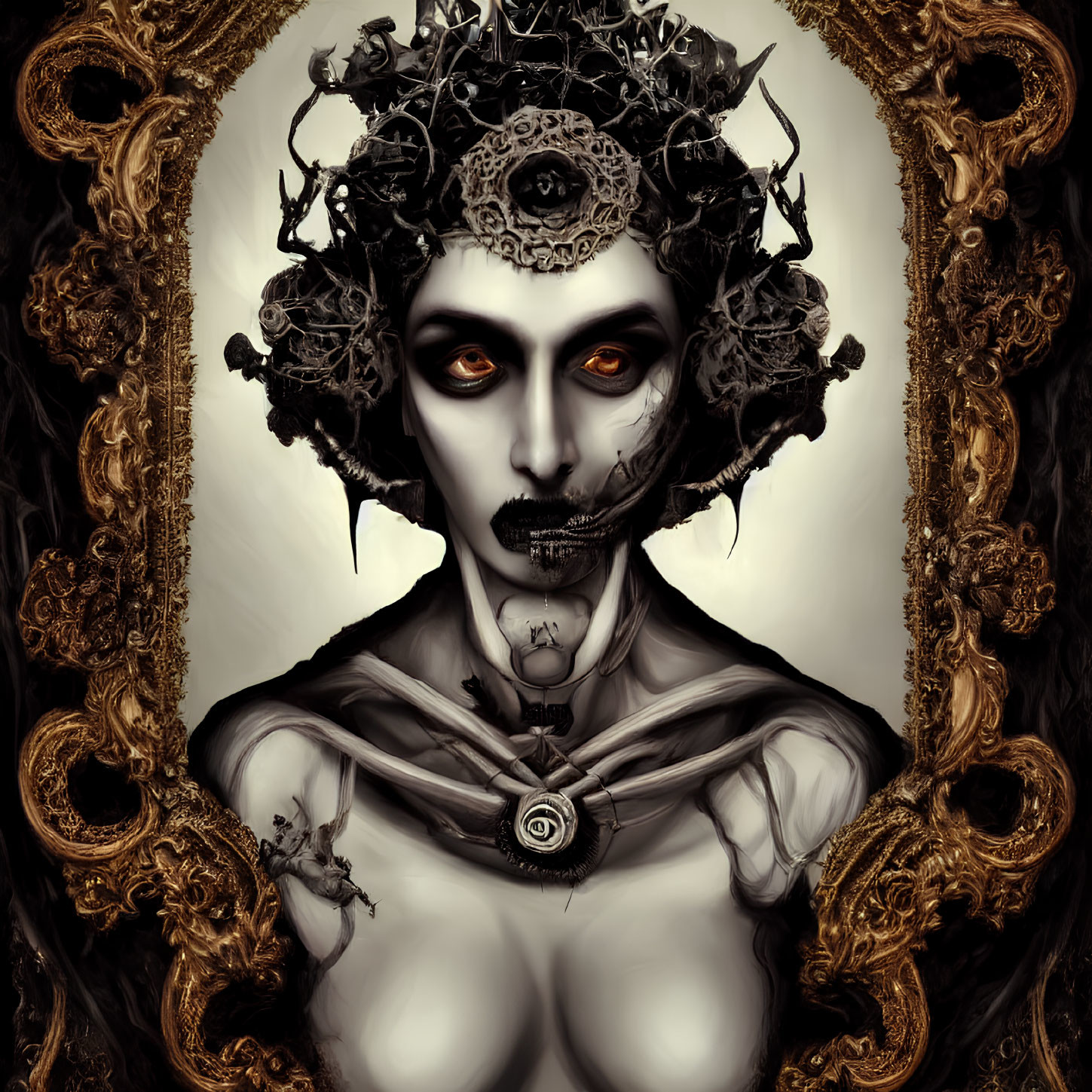 Symmetrical portrait of pale undead creature with ornate crown and golden mirrors