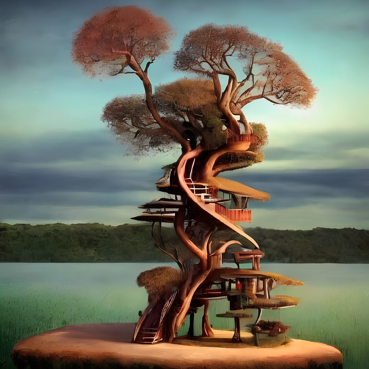 Whimsical multi-level treehouse by serene lake at dusk