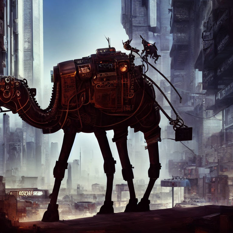 Futuristic cityscape with camel-like robot carrying cargo and rider.