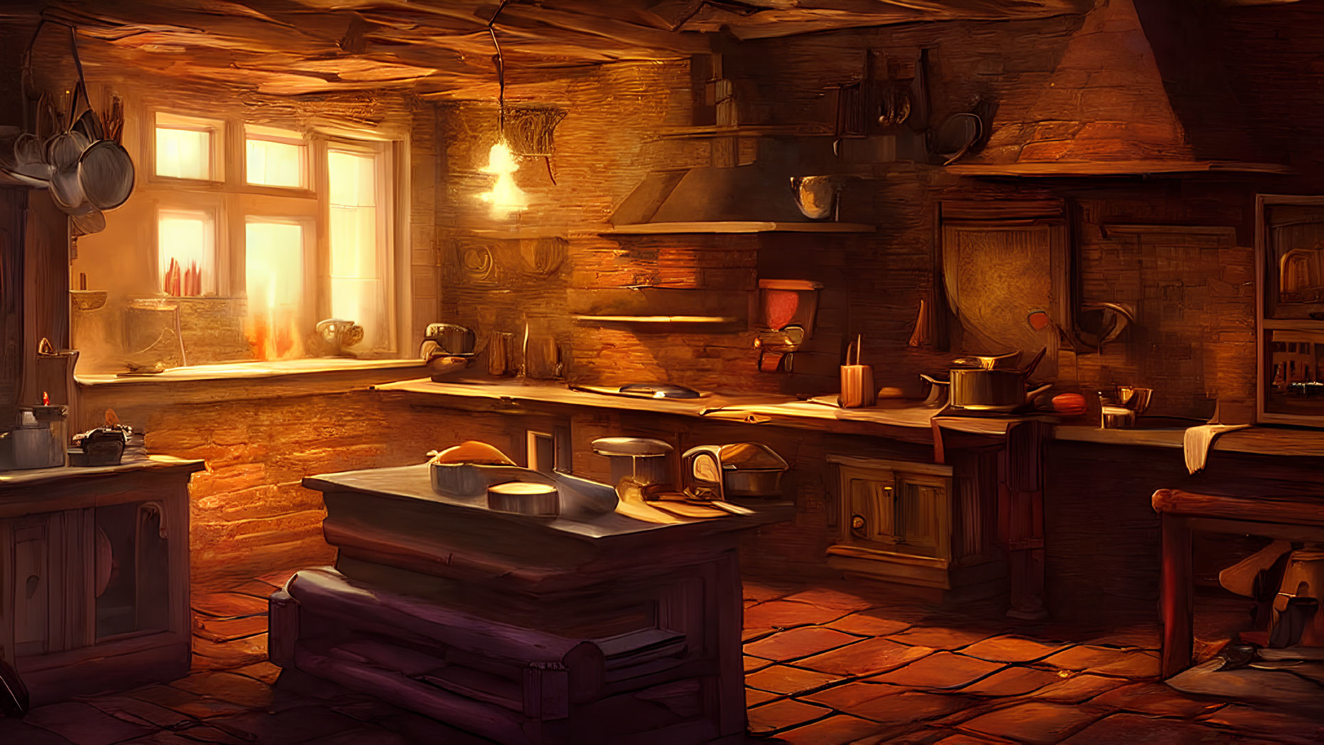 Cozy Rustic Kitchen with Sunlit Window and Fireplace