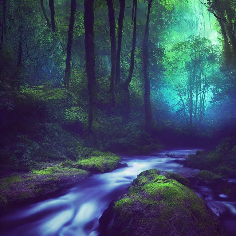 Mystical blue-tinted forest with gentle stream and moss-covered rocks