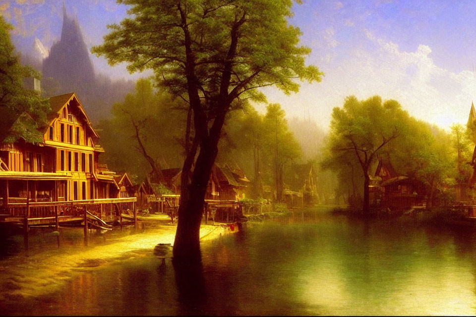 Tranquil river scene with houses on stilts and golden morning light