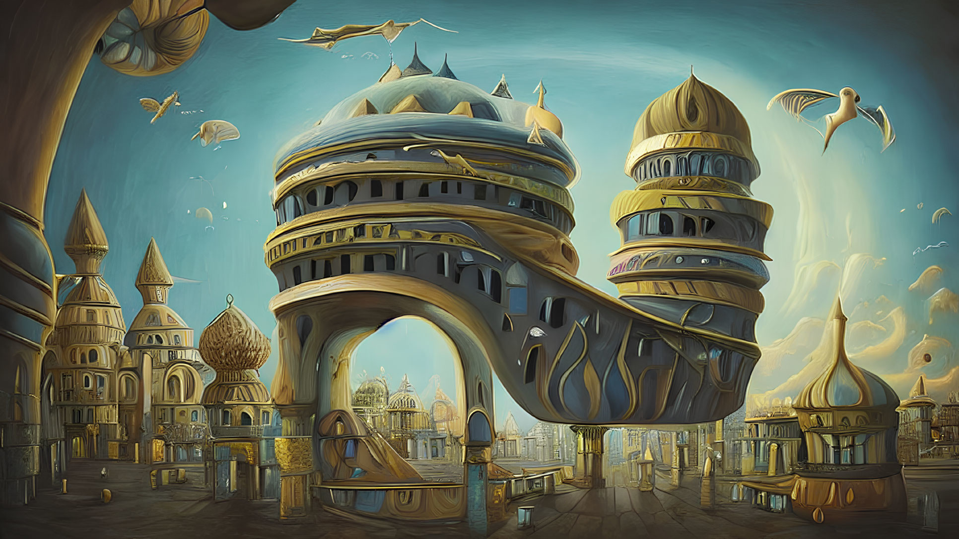 Curvaceous Cityscape with Gravity-Defying Structures and Onion Domes