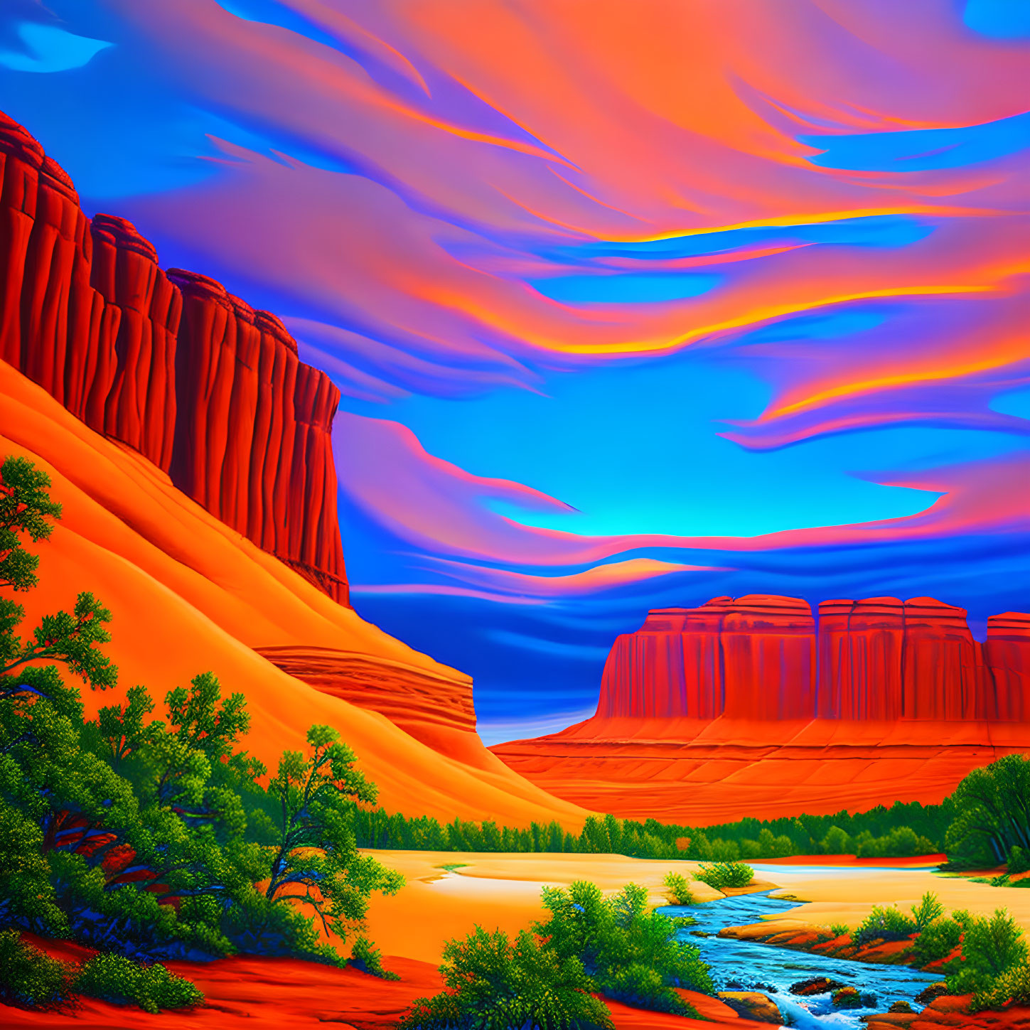 Colorful desert landscape with river, foliage, and cliffs under vibrant sky