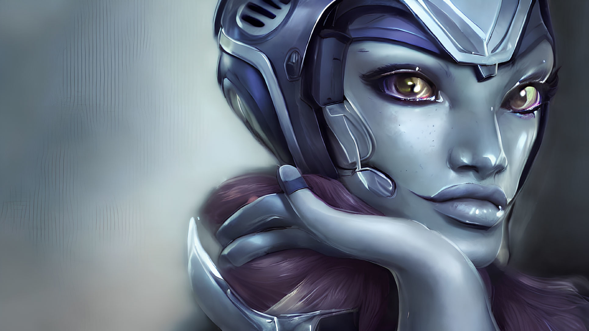 Purple-skinned humanoid with futuristic helmet and glowing eyes in digital art.