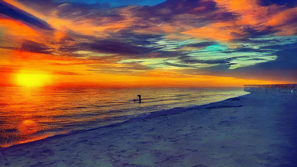 Colorful sunrise scene at calm beach with person in water and old pier under cloudy sky