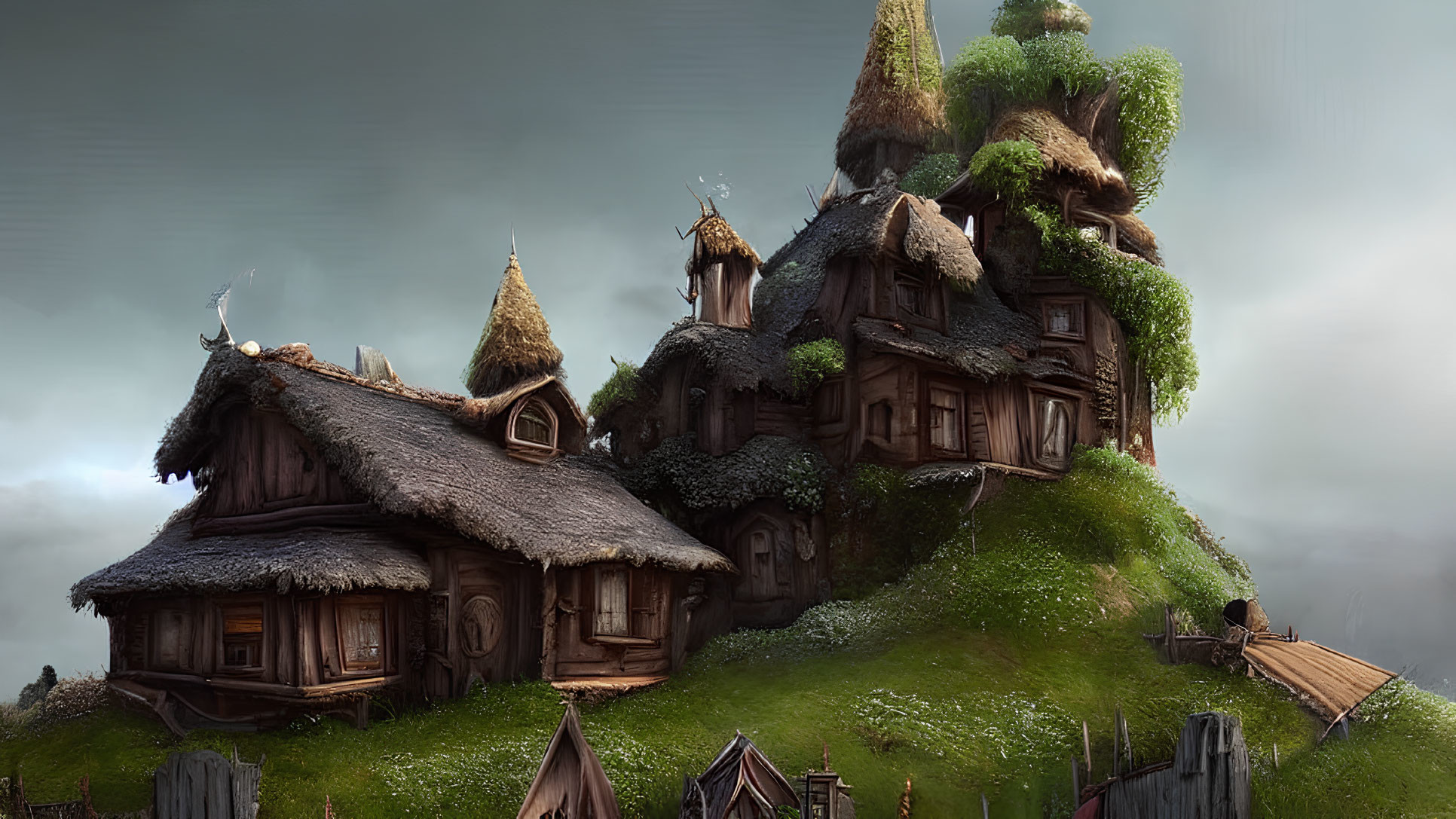 Rustic Thatched-Roof Fantasy Village on Hilltop