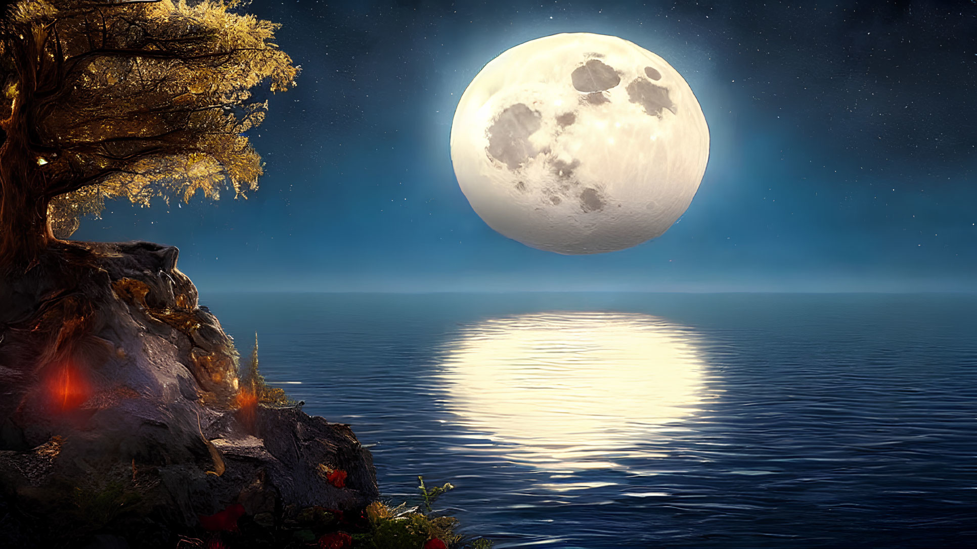 Night sky with full moon reflecting on tranquil sea and tree-lined cliff illuminated by warm light