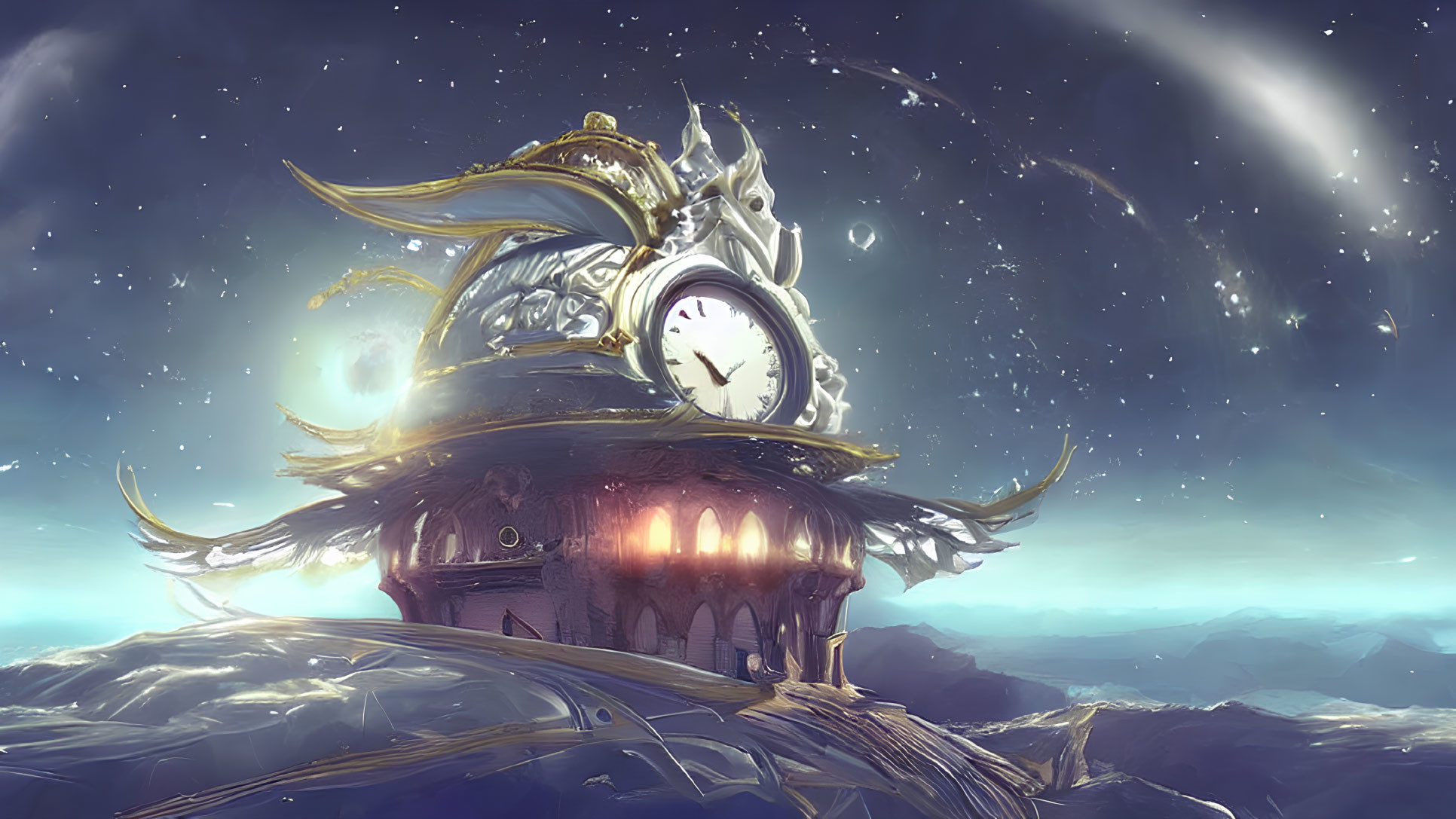 Grand clock and ornate roof atop high mountain under starry sky