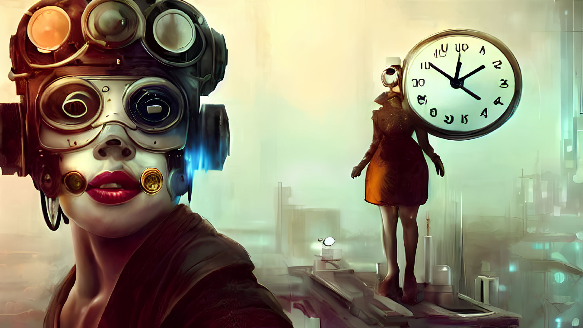 Surreal digital artwork: woman with steampunk goggles and clock-headed figure in industrial cityscape