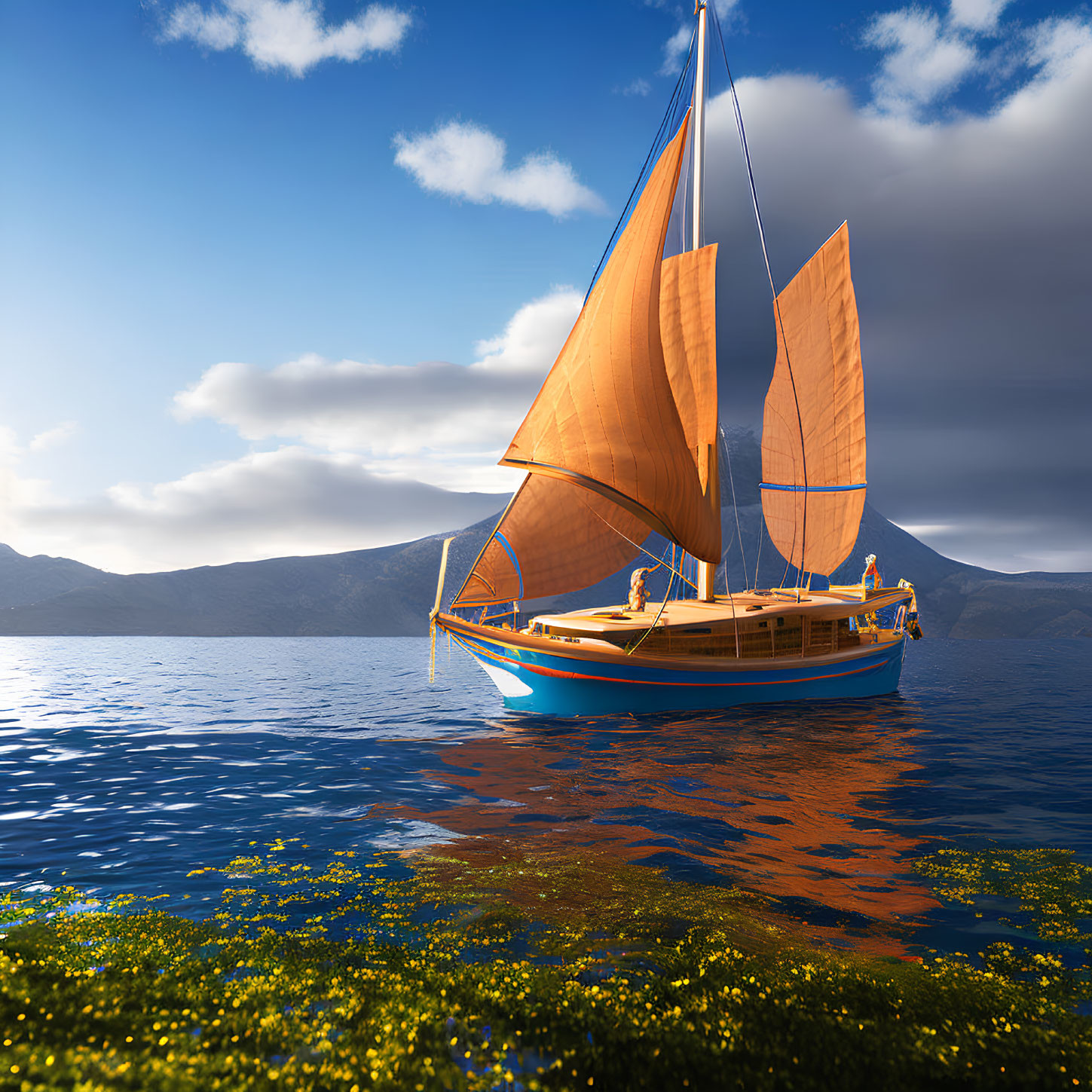 Traditional sailboat with orange sails on calm water near yellow flowers and mountains under cloudy sky