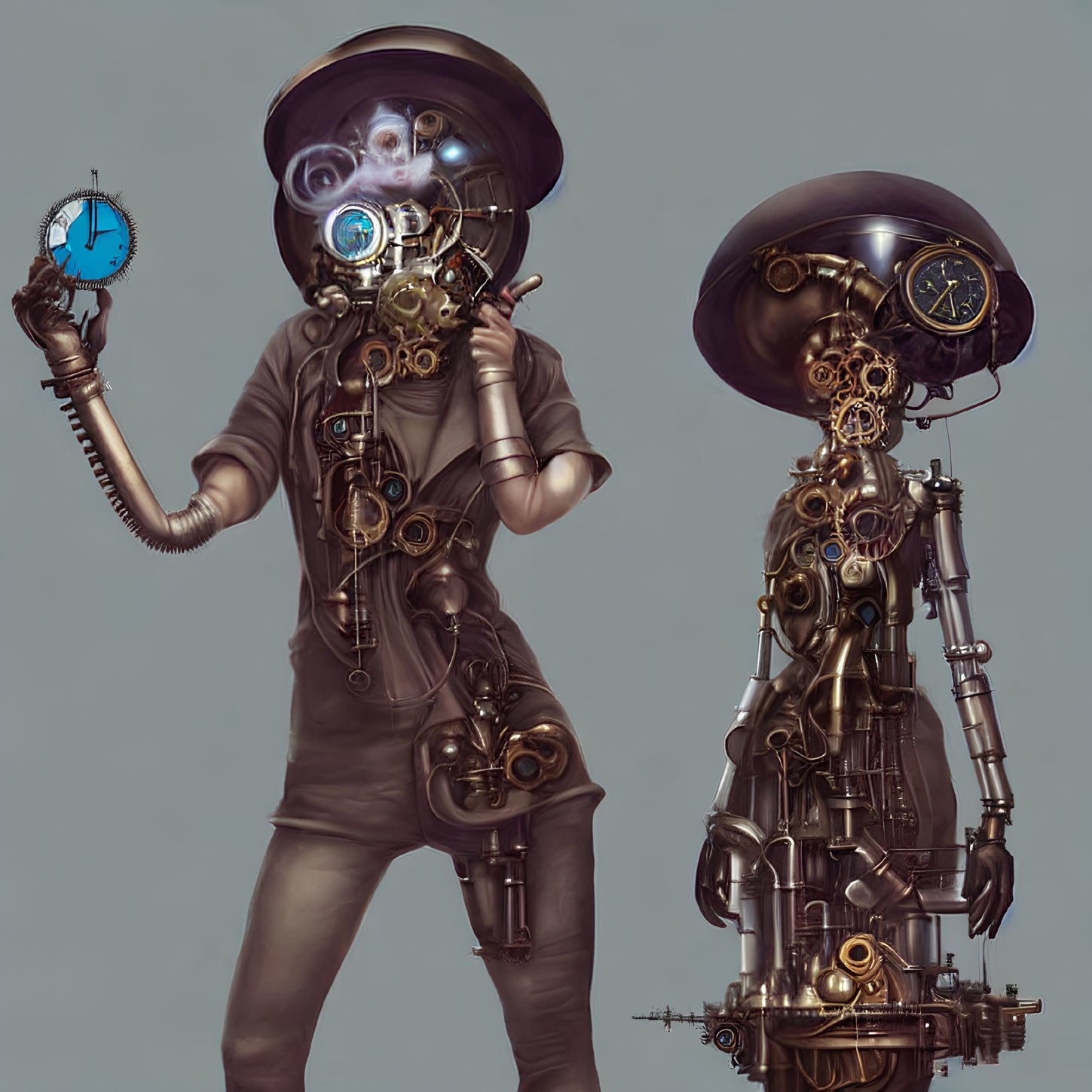 Steampunk-style robot with gears and clocks in two poses