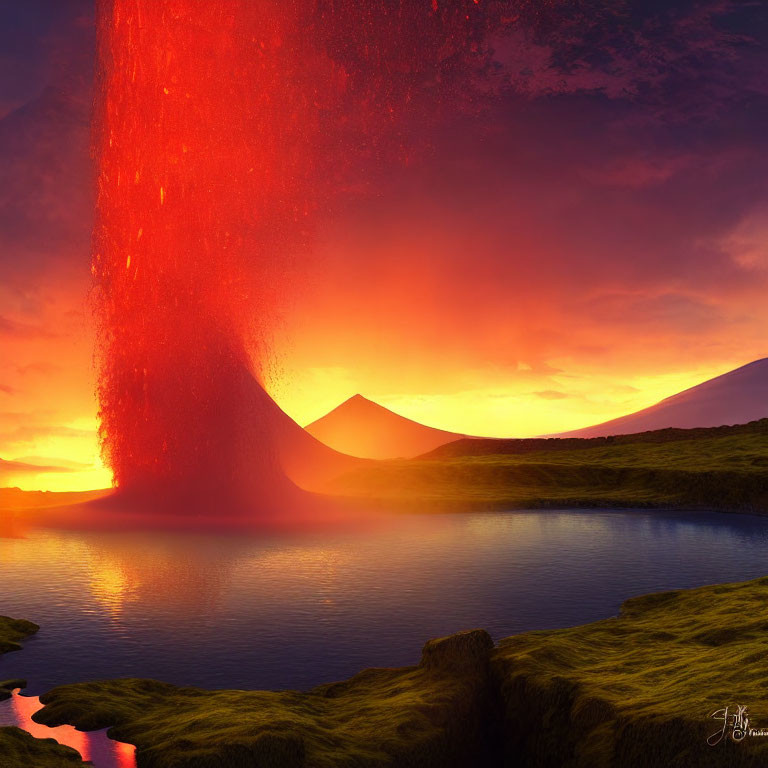 Surreal volcanic eruption with lava fountain in vivid sunset sky