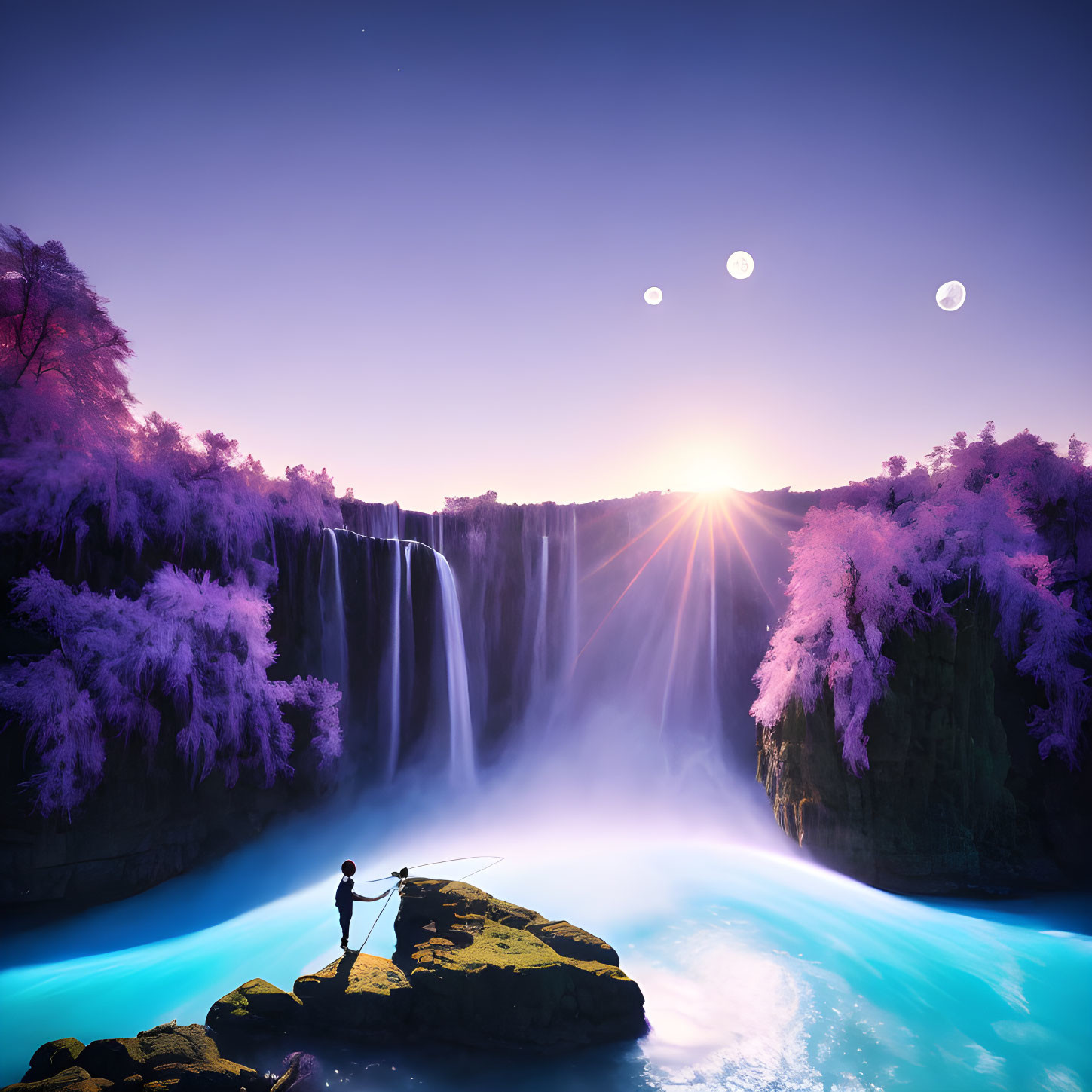 Solitary fisherman near majestic waterfall under twilight sky