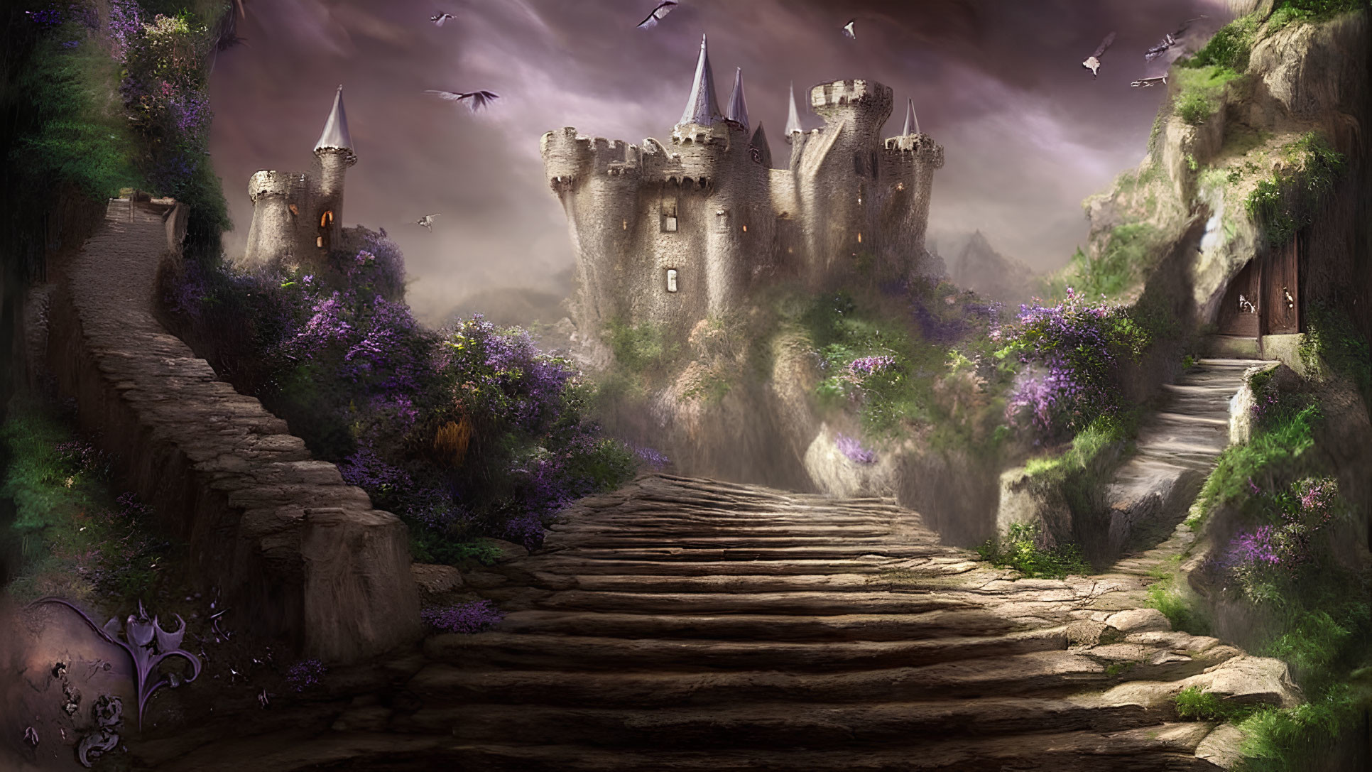 Mystical castle with spires in fog, dragons flying, purple flowers