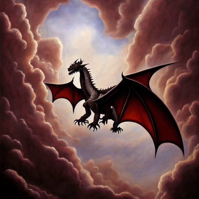 Dark-scaled dragon with reddish wings in cloudy sky