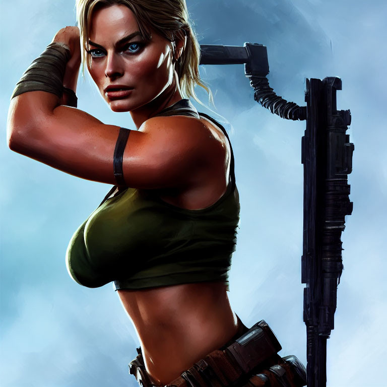 Digital Artwork: Blonde Female Warrior in Green Tank Top with Large Gun