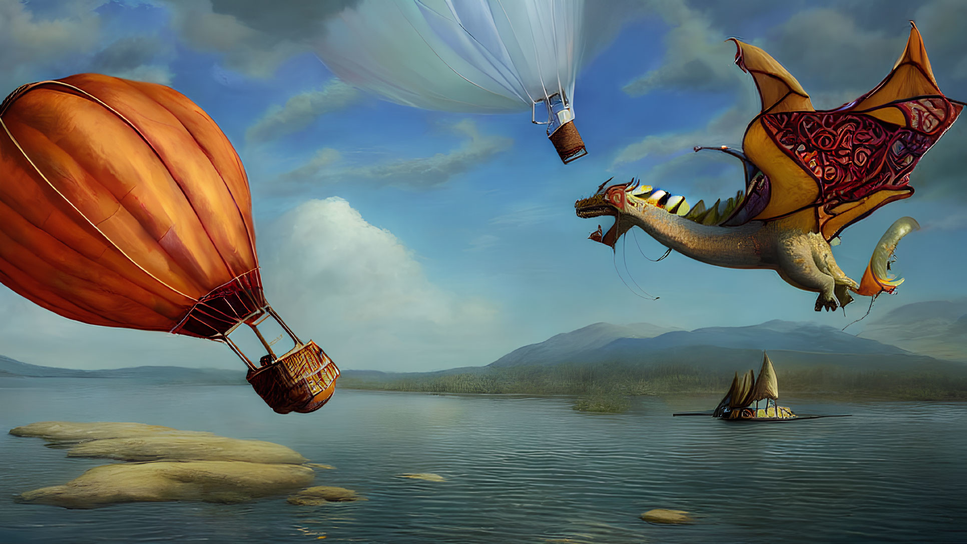 Tranquil lake with hot air balloons and ornate dragon flying above boats