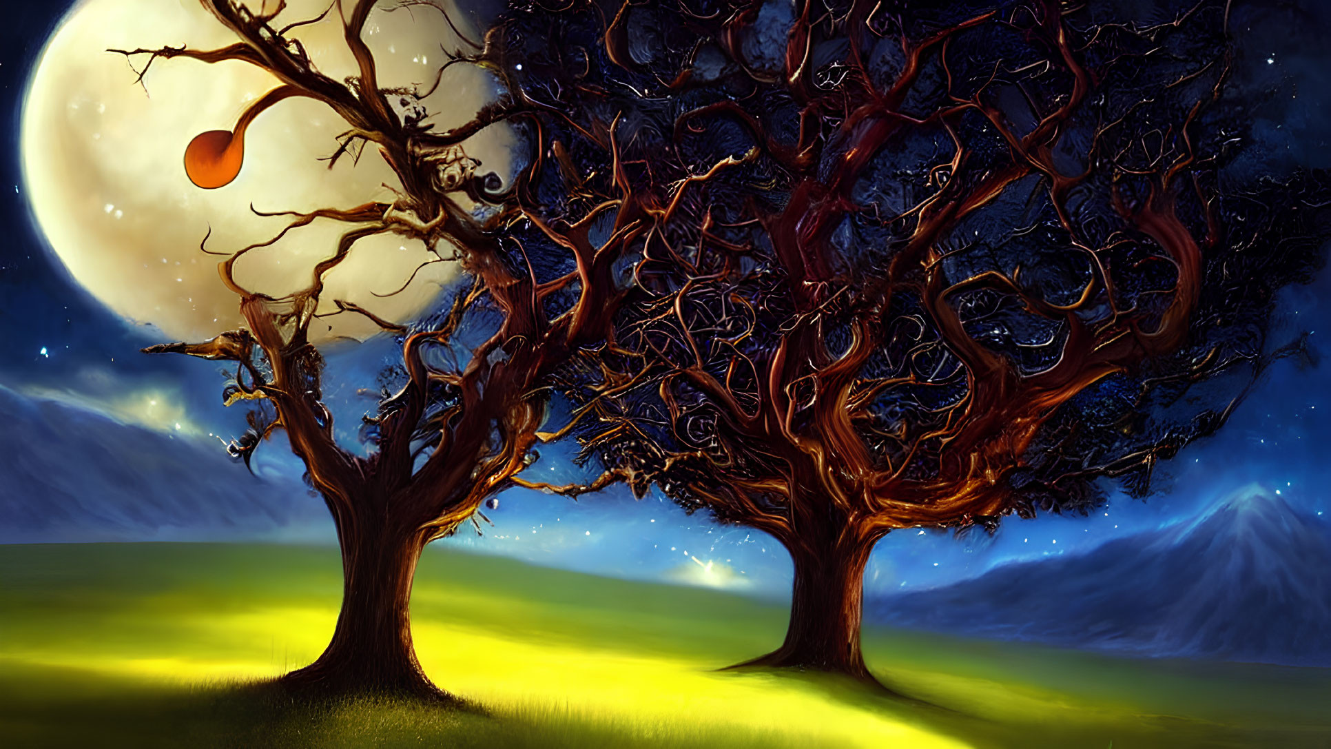 Fantasy landscape with gnarled trees, moon, glowing grass, mountain, and orange planet.