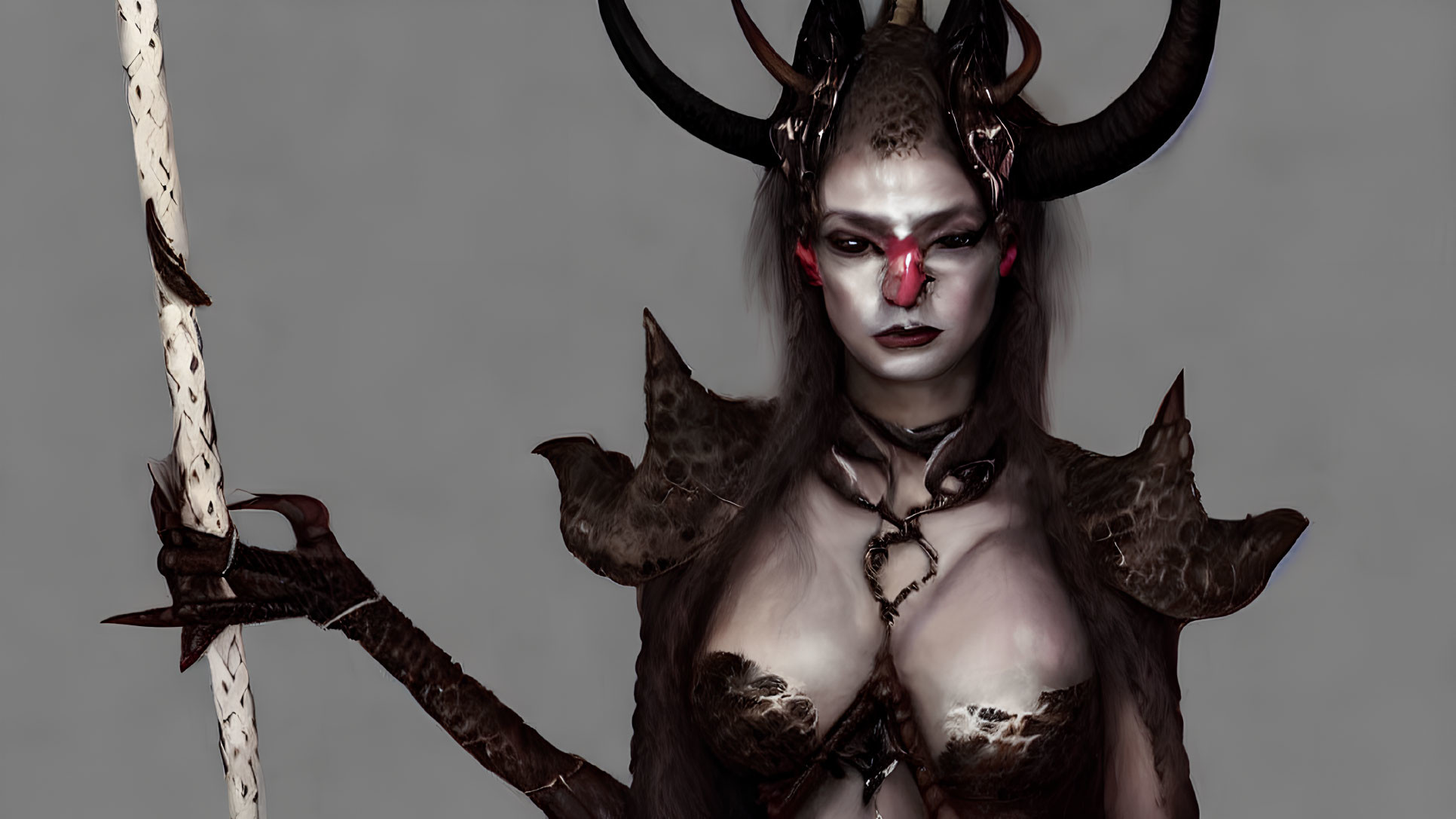 Dark fantasy makeup and costume with horns, holding a staff portrayal.