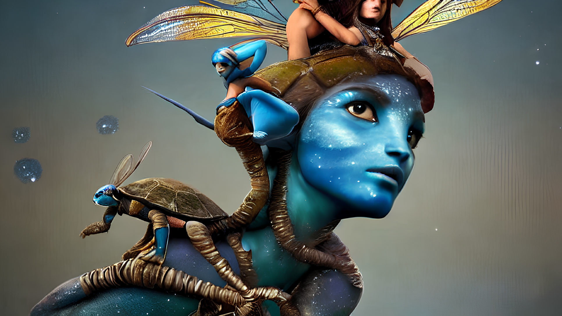 Fantastical image of small blue creature riding turtle with larger glowing humanoid.