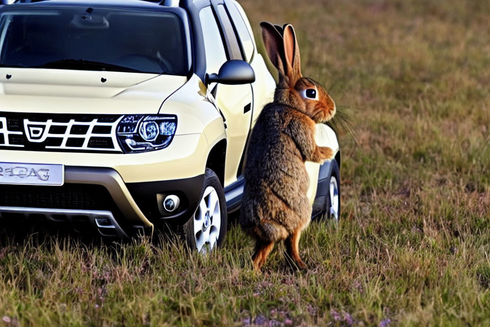 Whimsical large rabbit beside yellow car in grassy field