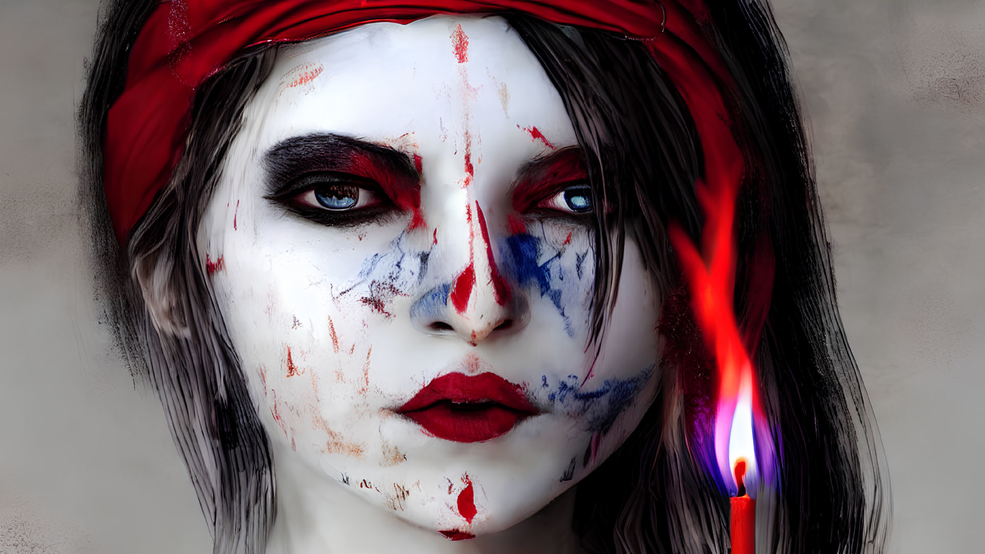 Intense makeup with red headband and splattered paint holding lit match