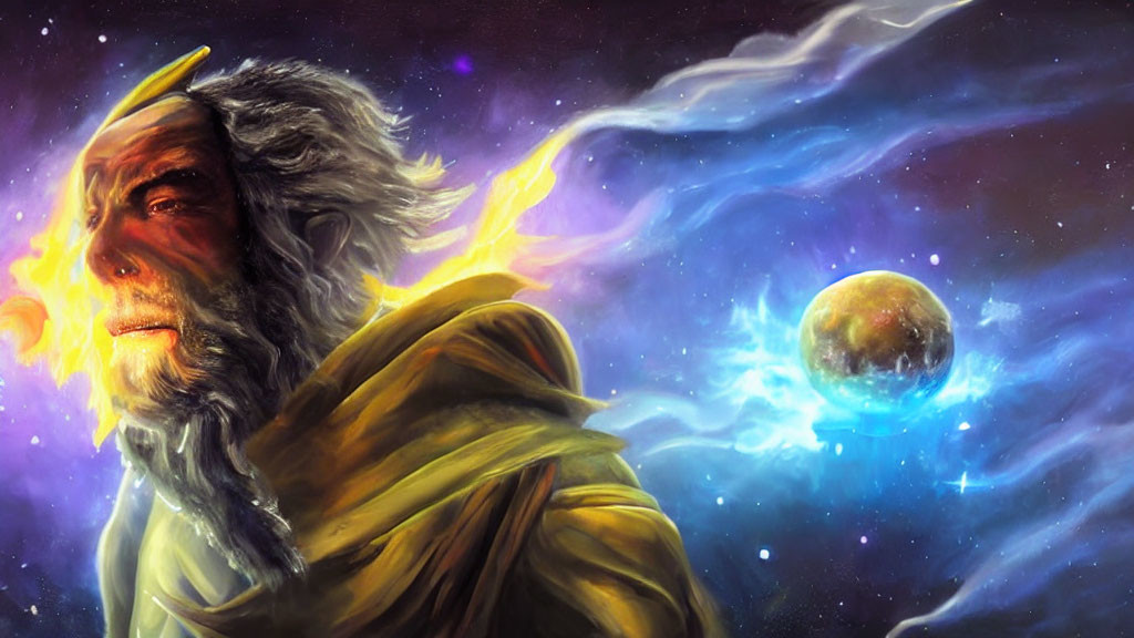 Illustrated elder surrounded by cosmic elements and planet in background.