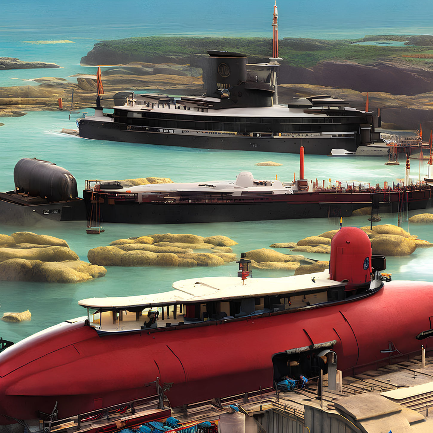 Futuristic submarine and sleek vessel at coastal facility